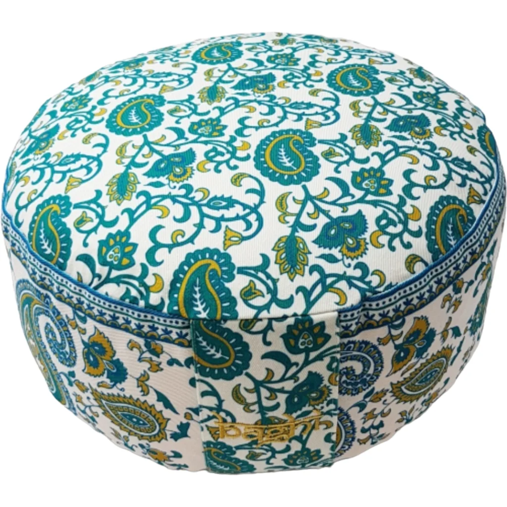 Bio Meditationskissen+Yogakissen rund mit Paisley-Muster in Limette+Petrol Gelb+Blau Muster Bedruckt von BAGHI Größe Ø 30 cm Höhe 15 cm