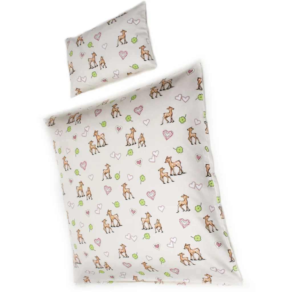 Bio Satin Baby-+Kinder-Bettwäsche Bambi Garnitur in Creme Muster Bambi von mudis Größe 80x80 + 30x45 cm