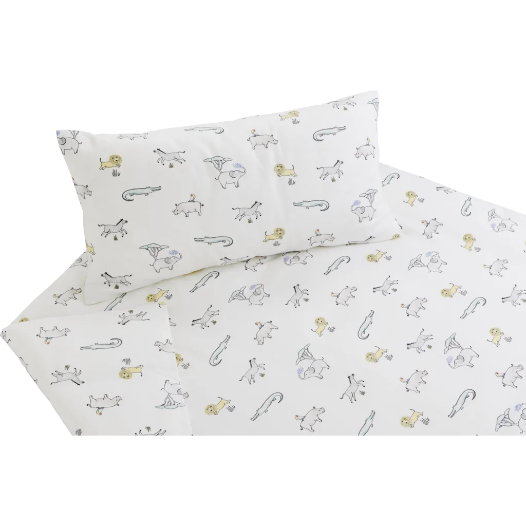 Bio Satin Baby-+Kinder-Bettwäsche Safari Kissenbezug in Weiß Muster Safari von Cotonea Größe 40x60 cm
