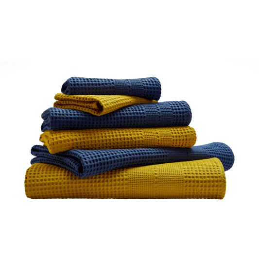 Bio Waffelpiqué Geschenkset 6-teilig in Curry+Azurblau Blau+Gelb von Cotonea Größe 2x 35x50 cm+ 2x 50x100 cm+ 2x 70x140 cm
